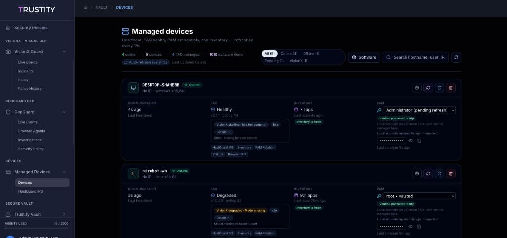Managed devices in the Trustity Cloud Portal showing Windows and Linux TAO agents
