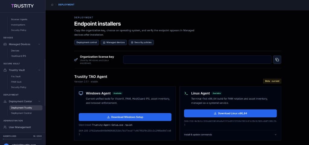 Endpoint installers in the Trustity Cloud Portal for Windows and Linux TAO agents