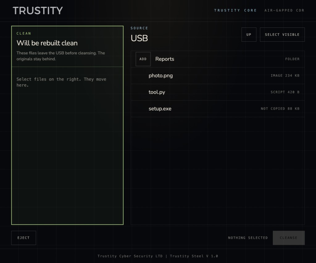 Trustity Steel file picker with a clean pane and a source USB